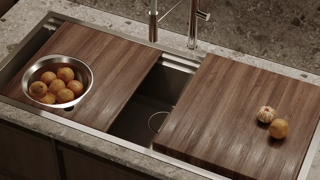 Spezialist Workstation 120 with 2 tier walnut finish cutting boards and attachment