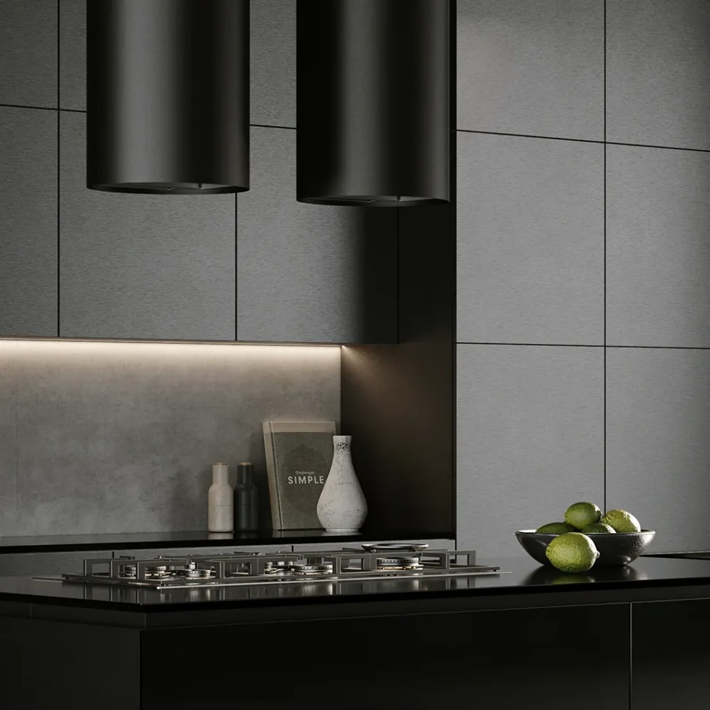 Lifestyle image of a dark kitchen featuring Whispair Paris 36 Island Mounted with matted black finish
